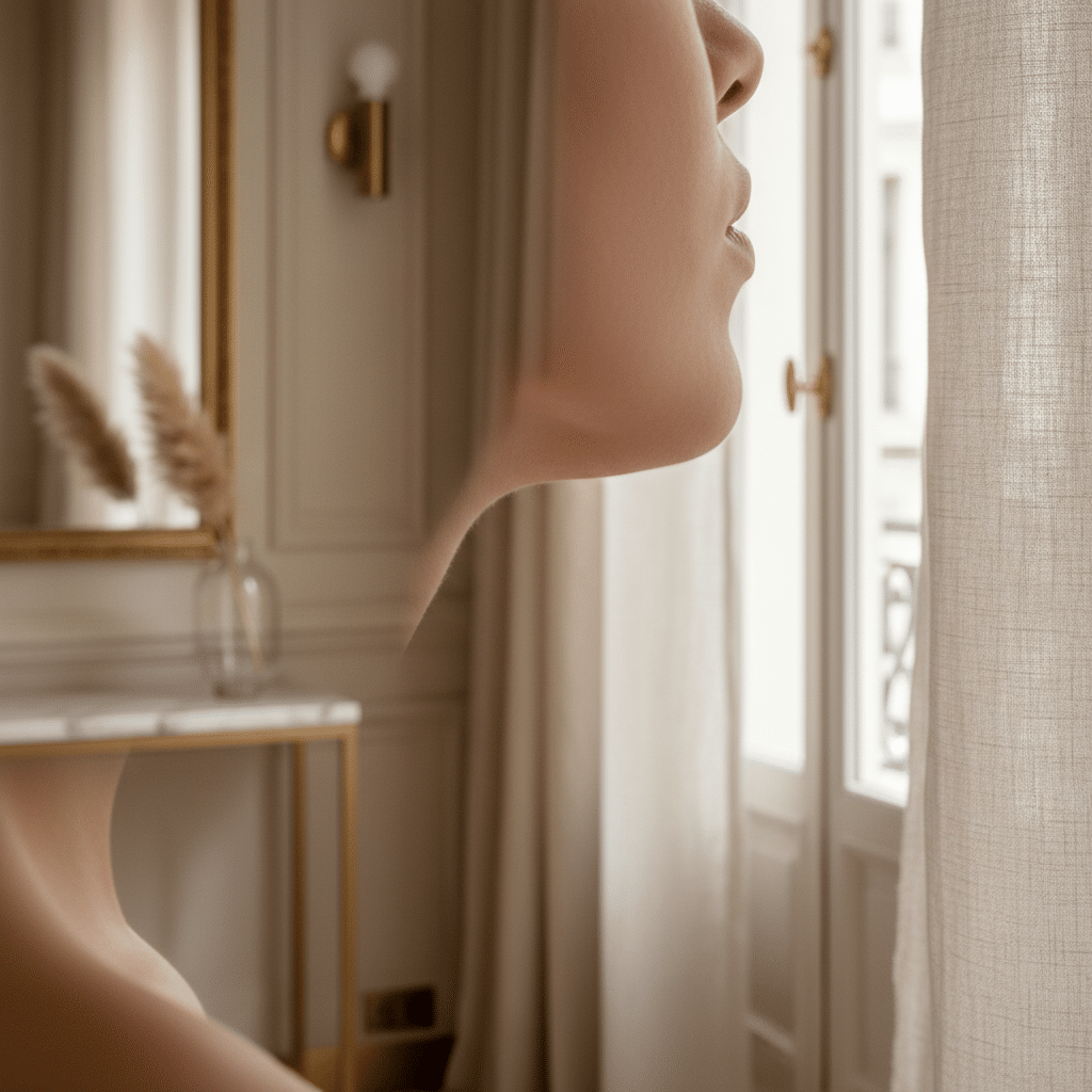 Contour mandibulaire affiné de profil dans un cabinet de médecine esthétique parisien, sans visage