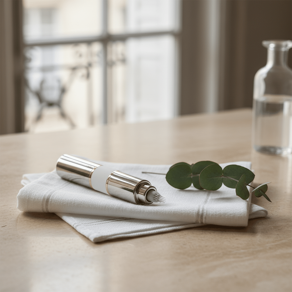 Stylo de microneedling médical posé sur un linge blanc dans un cabinet d'esthétique parisien, ambiance clinique haut de gamme