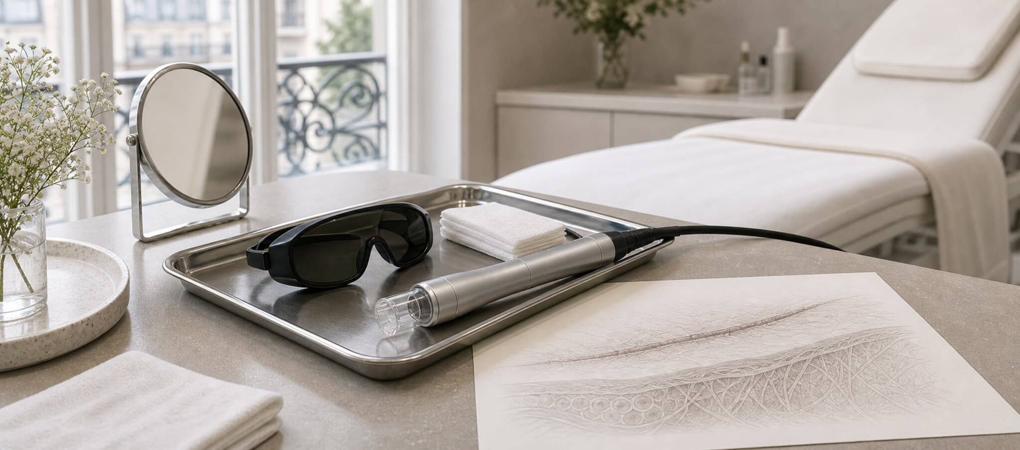 Plateau médical avec protections laser et dessin anatomique pour la prise en charge des cicatrices