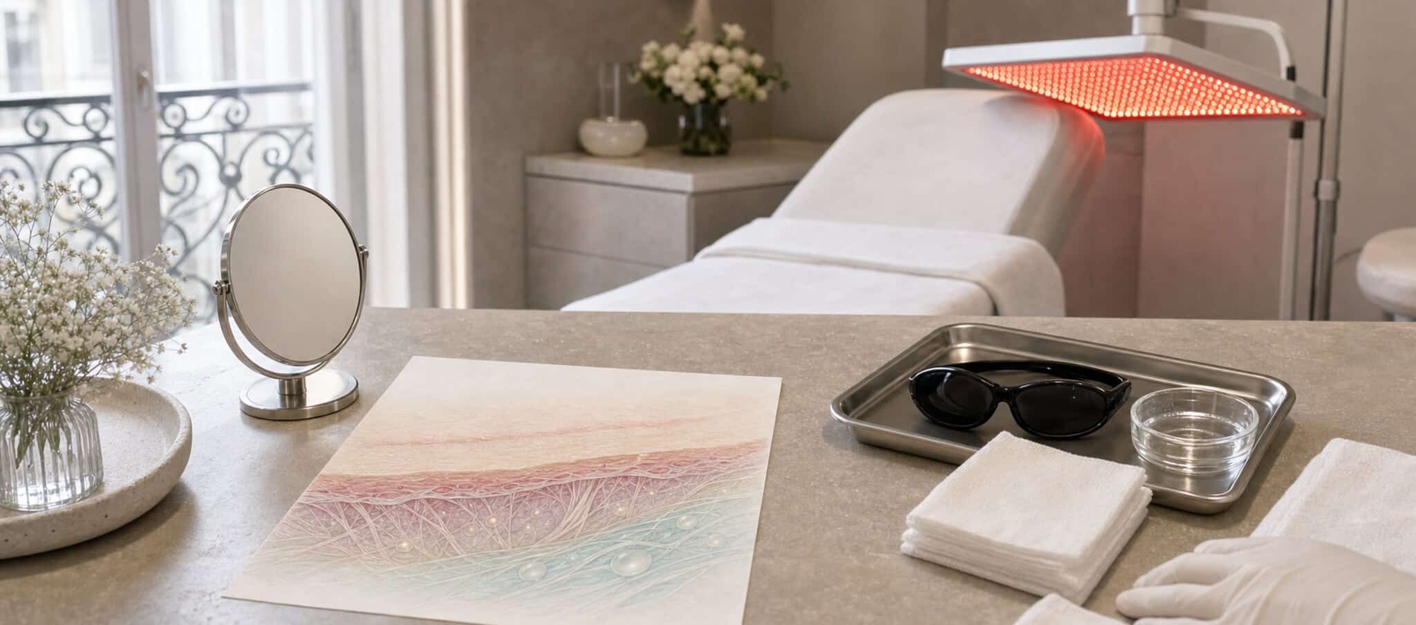 Salle de soin avec panneau LED médical, protections et dessin anatomique pour la luminothérapie post-opératoire