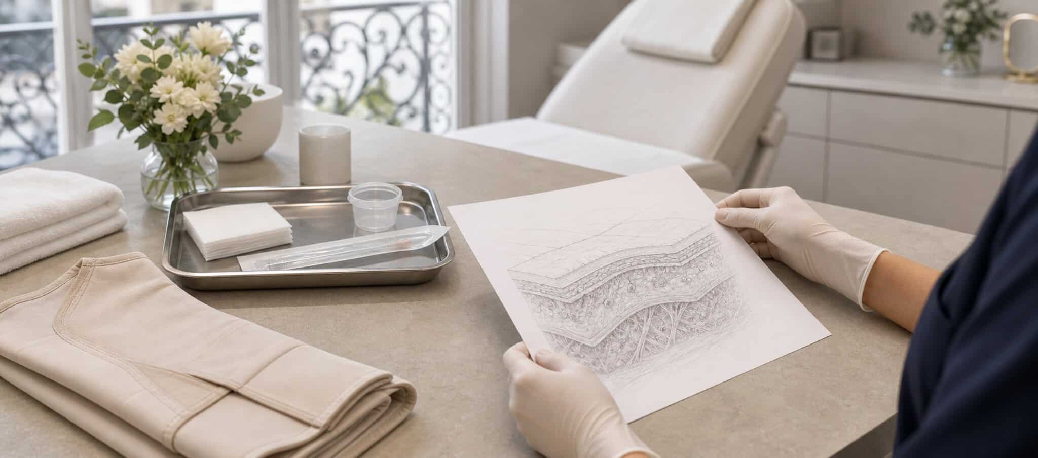 Cabinet médical premium avec linge, plateau stérile et dessin anatomique pour la récupération après chirurgie esthétique