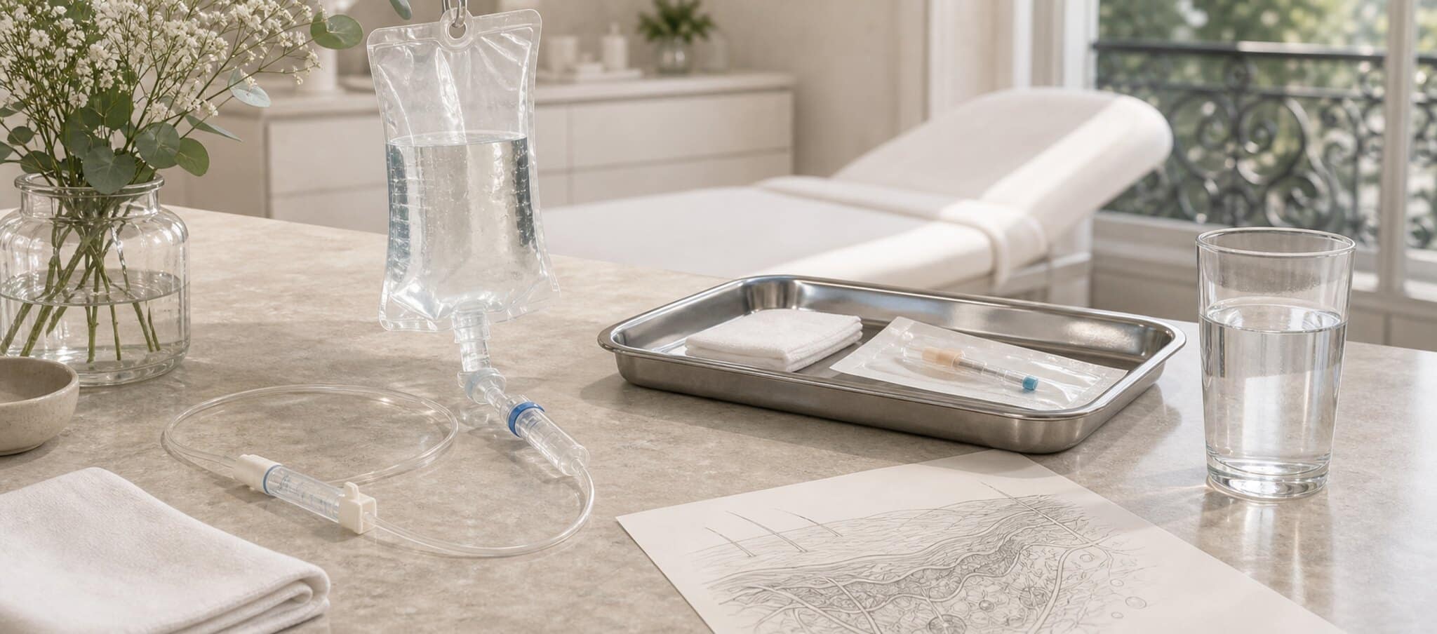 Cabinet médical premium avec matériel de perfusion et dessin anatomique pour la vitaminothérapie en été