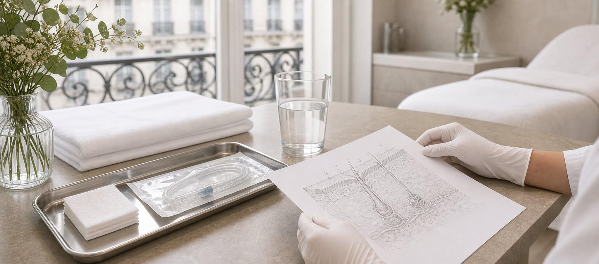 Plan de travail médical avec verre d eau, matériel stérile et dessin anatomique sur les pertes hydriques