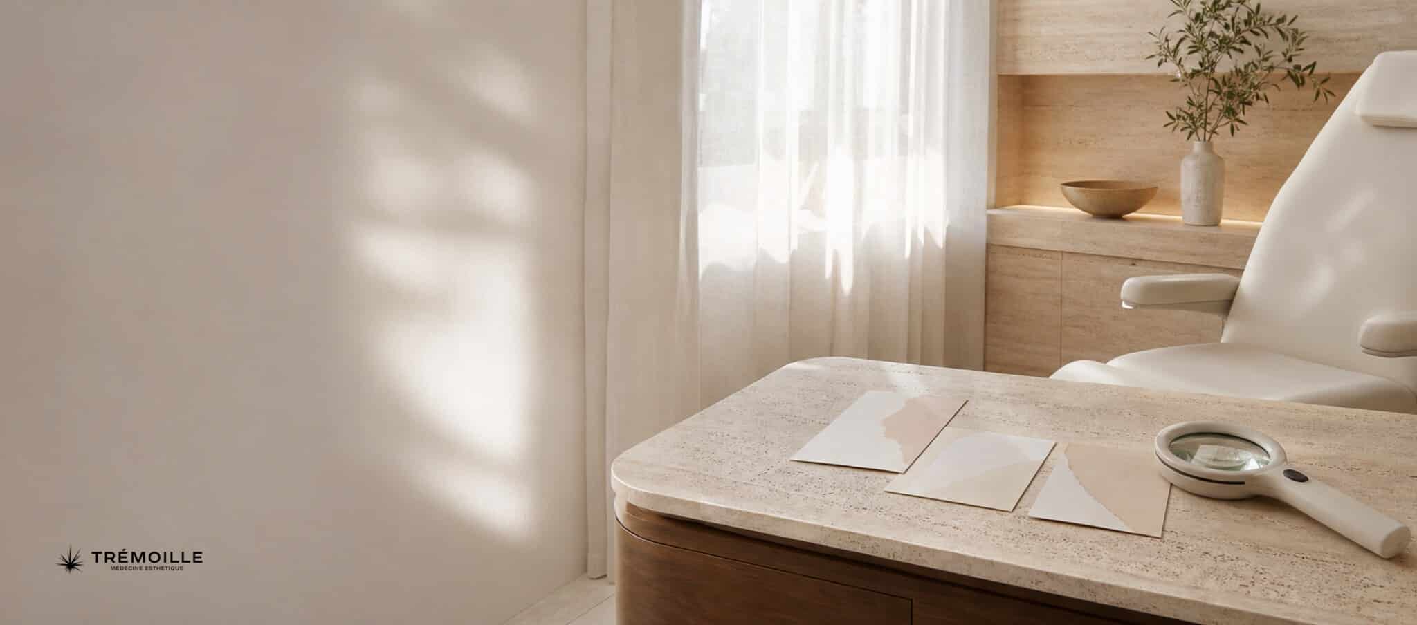 Salle de consultation avec cartes abstraites illustrant des taches blanches révélées après le soleil