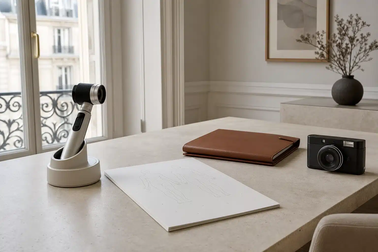 Dermatoscope, appareil photographique et schéma corporel sur une table médicale