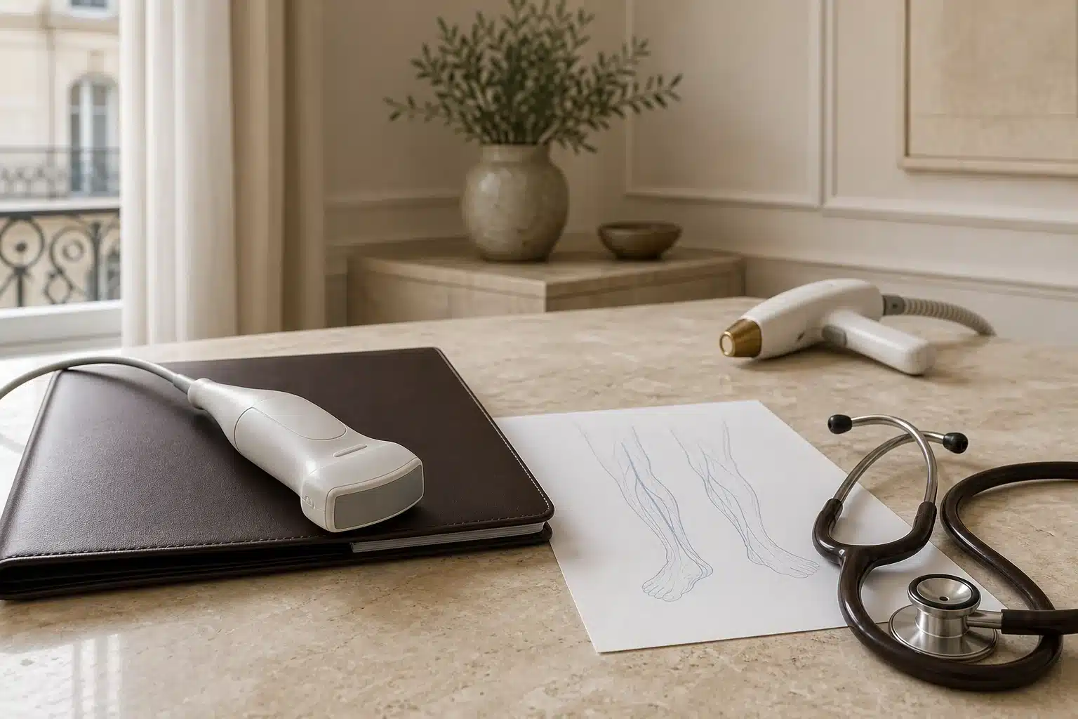 Sonde vasculaire, stéthoscope et schéma des jambes sur un bureau médical