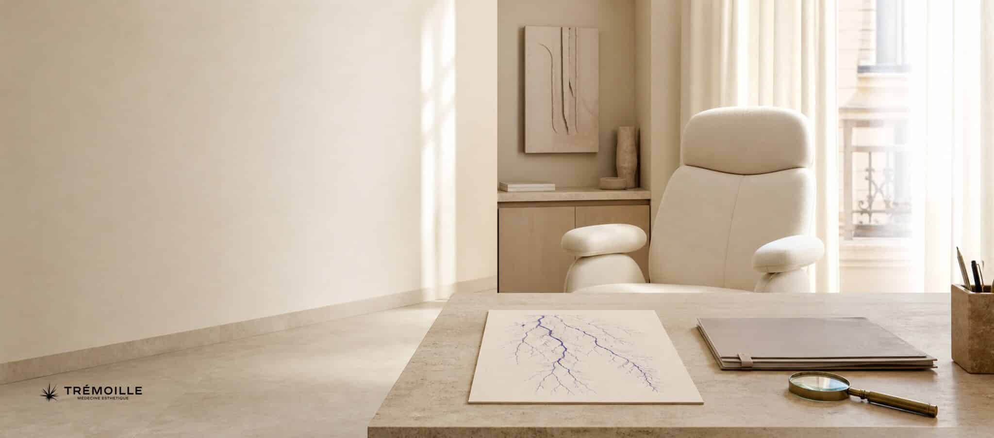 Salle de consultation avec dessin abstrait de petits vaisseaux visibles sur les jambes en été