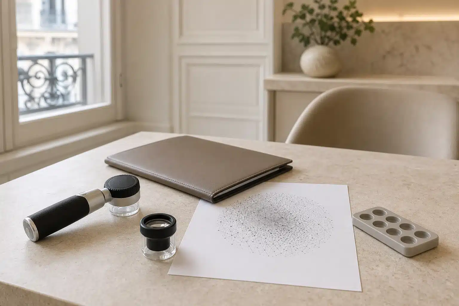 Trichoscope, loupe et carte abstraite de densité capillaire sur un bureau médical