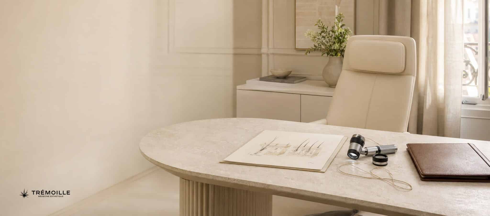 Salle de consultation avec trichoscope et dessin du cycle du cheveu après l'été