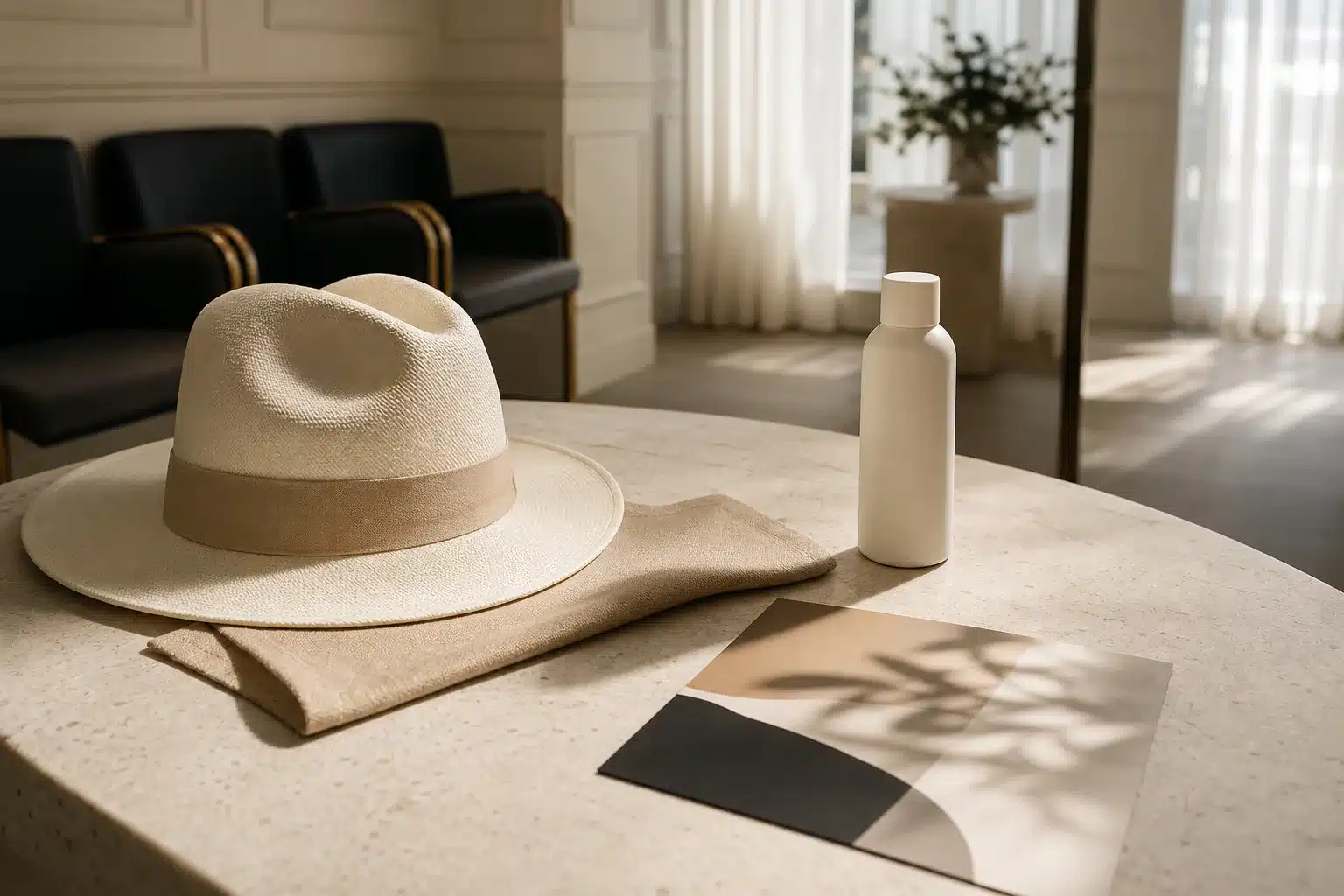 Chapeau, tissu couvrant et flacon neutre illustrant la photoprotection d’une cicatrice