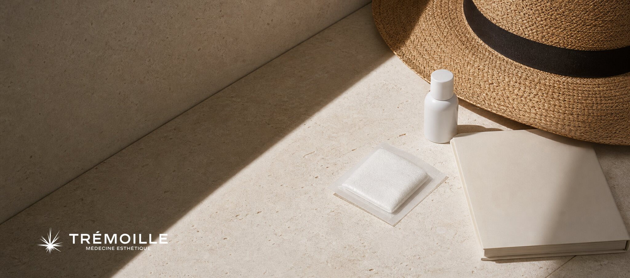 Chapeau, protection solaire neutre et compresse illustrant la photoprotection d’une cicatrice récente