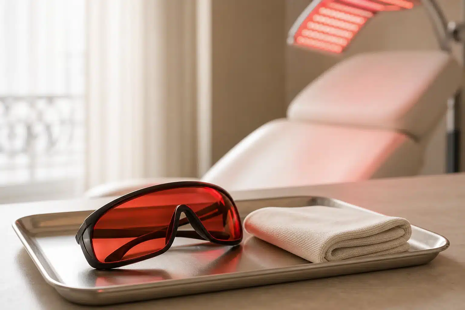 Lunettes de protection sur un plateau devant une lampe LED rouge