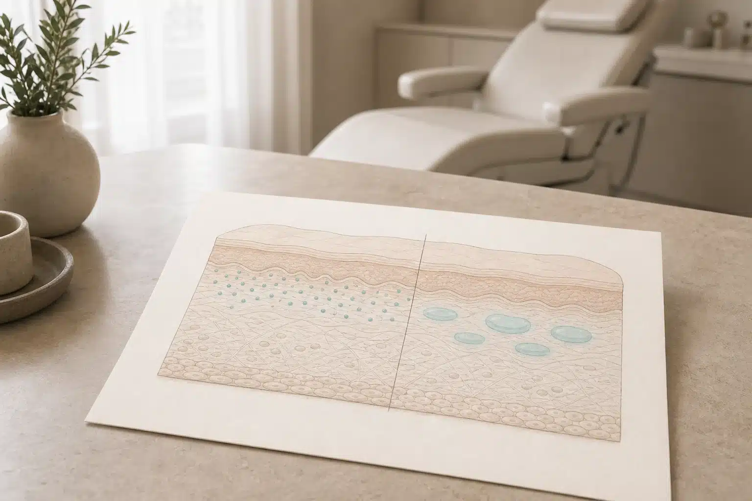Schéma illustratif de deux répartitions de produit dans la peau