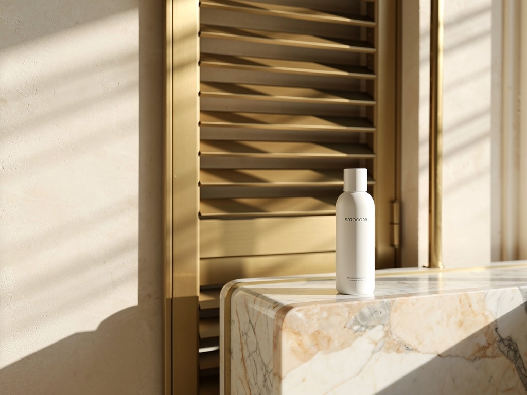 Lumière de fin d’été à travers des persiennes sur un mur crème, flacon de protection solaire sur une tablette en marbre