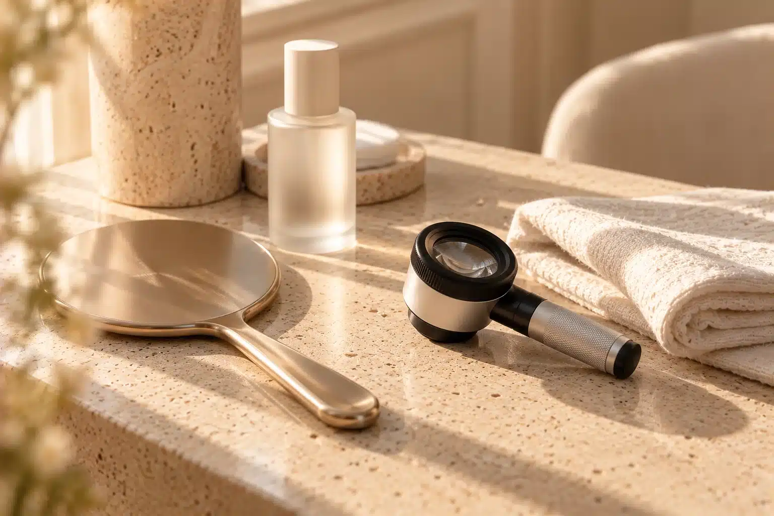 Miroir à main, loupe et flacon sans étiquette sur une table de consultation claire