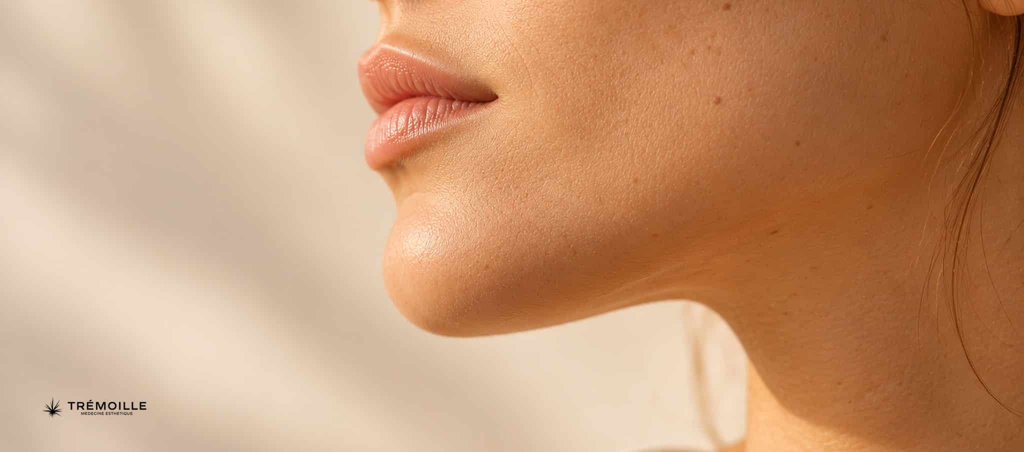 Mâchoire et joue de profil en lumière douce, peau unie, sans regard