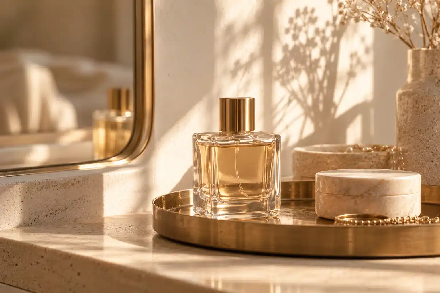 Flacon de parfum sans étiquette sur un plateau en laiton au soleil