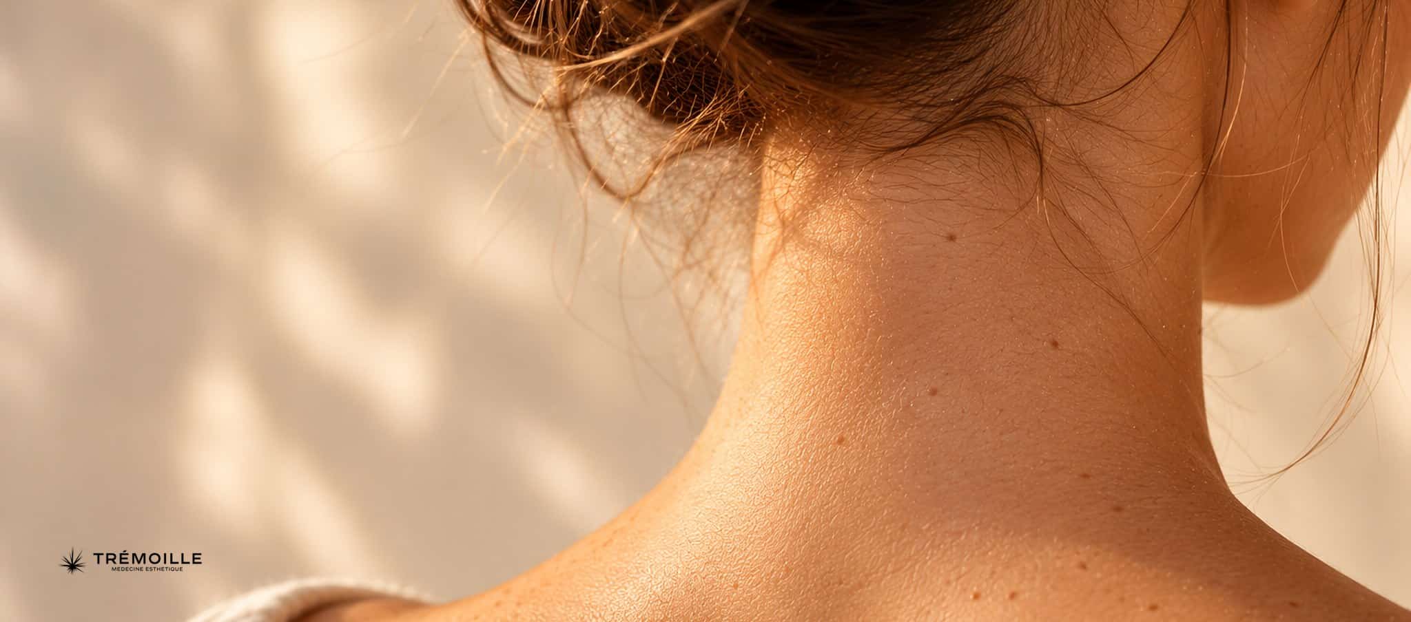 Nuque et côté du cou d’une personne aux cheveux relevés, en lumière dorée douce