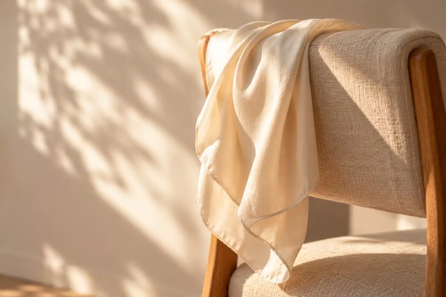 Foulard de soie crème posé sur une chaise en lin au soleil d’été