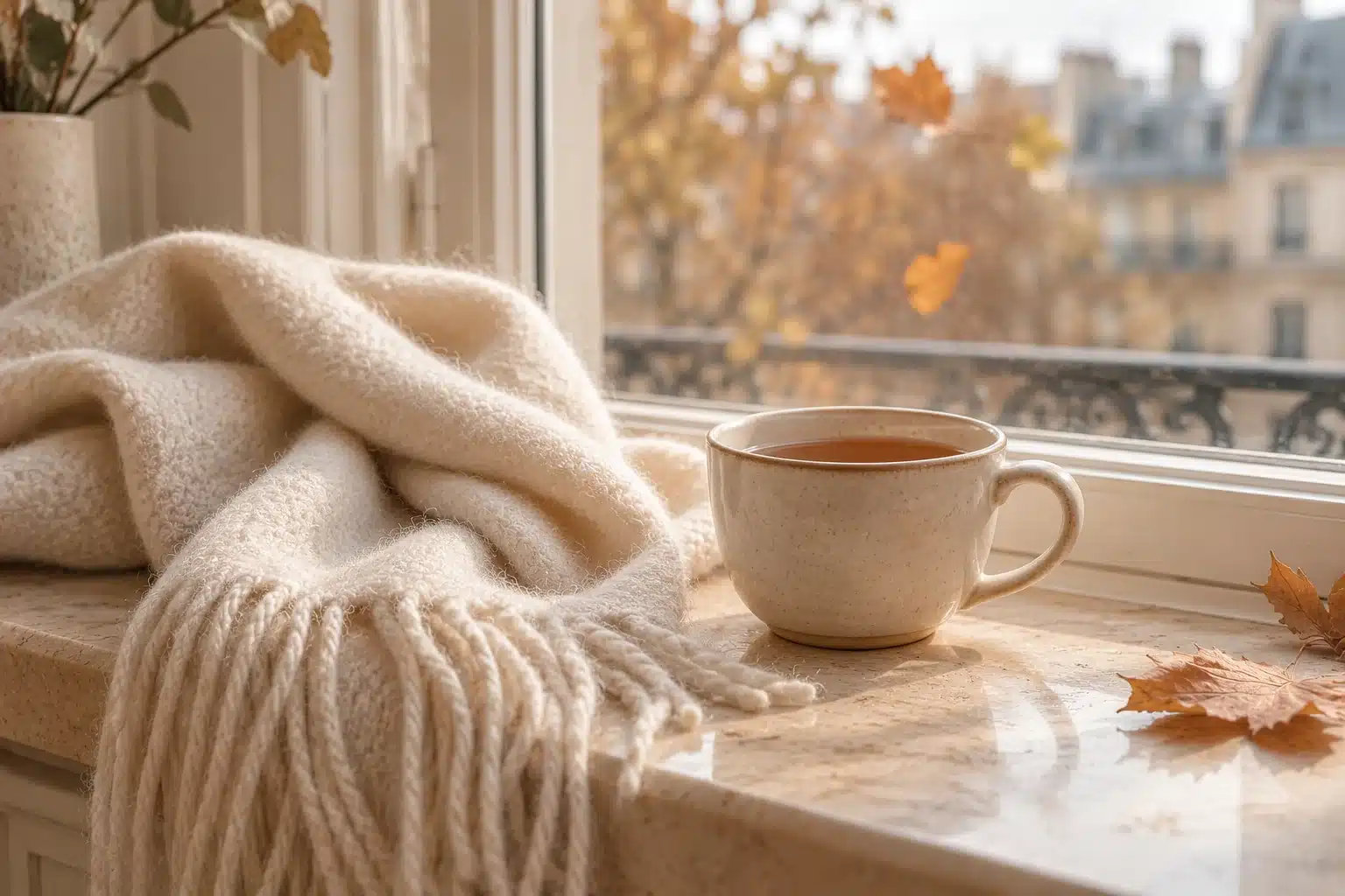 Écharpe en laine et tasse en céramique sur un rebord de fenêtre en automne