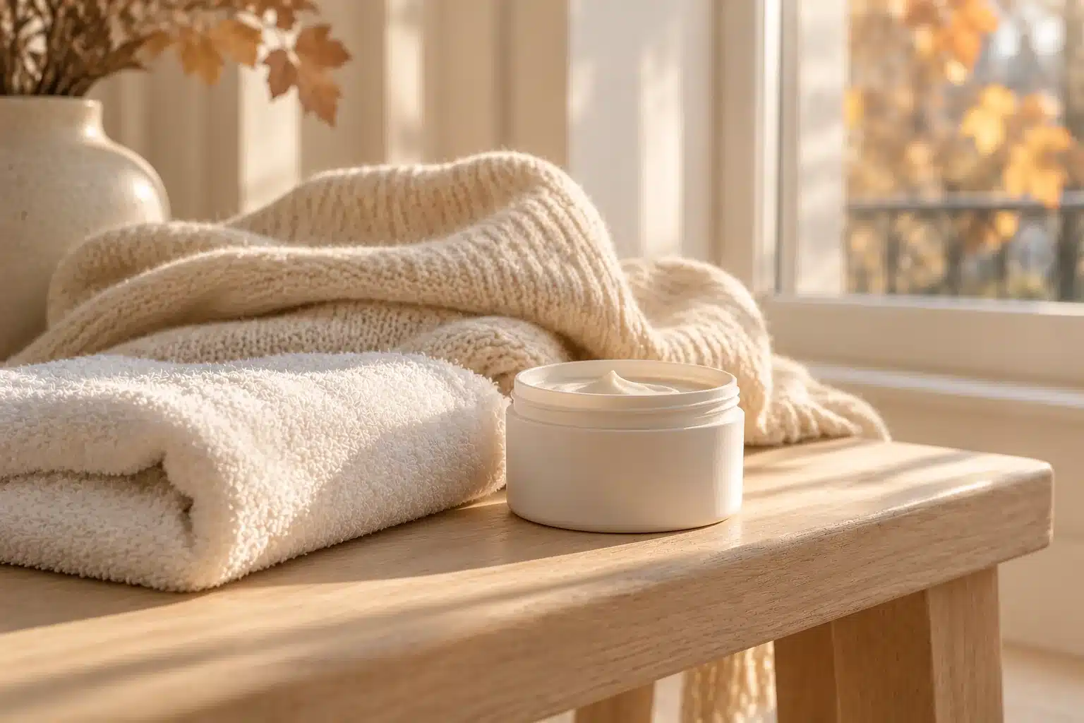 Pot d’émollient sans étiquette, serviette en coton et pull en maille sur un banc en bois