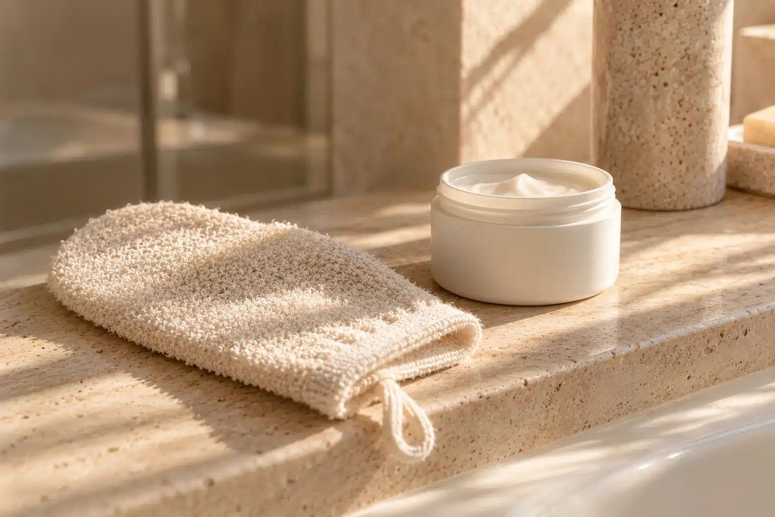 Pot de crème sans étiquette et gant d’exfoliation en coton sur une tablette en pierre