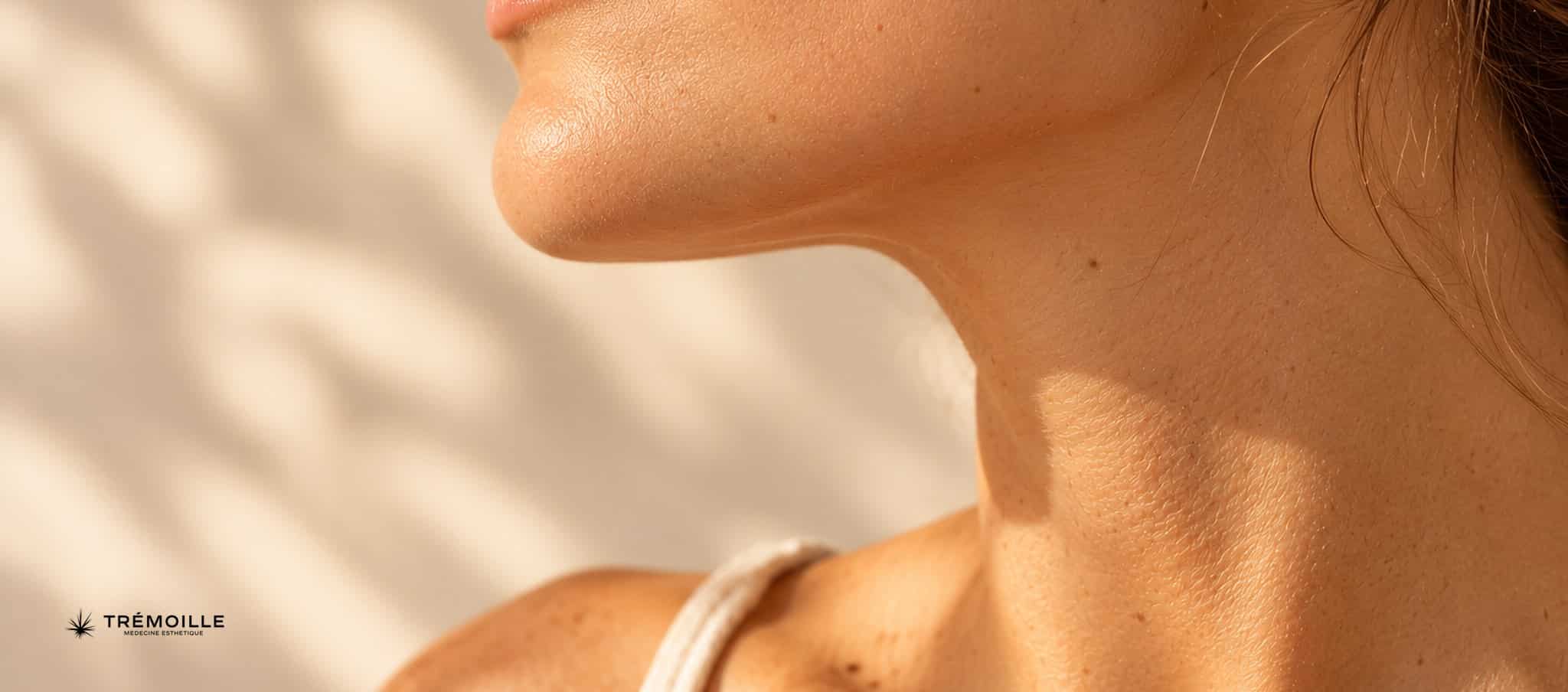 Gros plan photographique d’un profil de mâchoire et de cou en lumière rasante, peau nette, sans œil visible