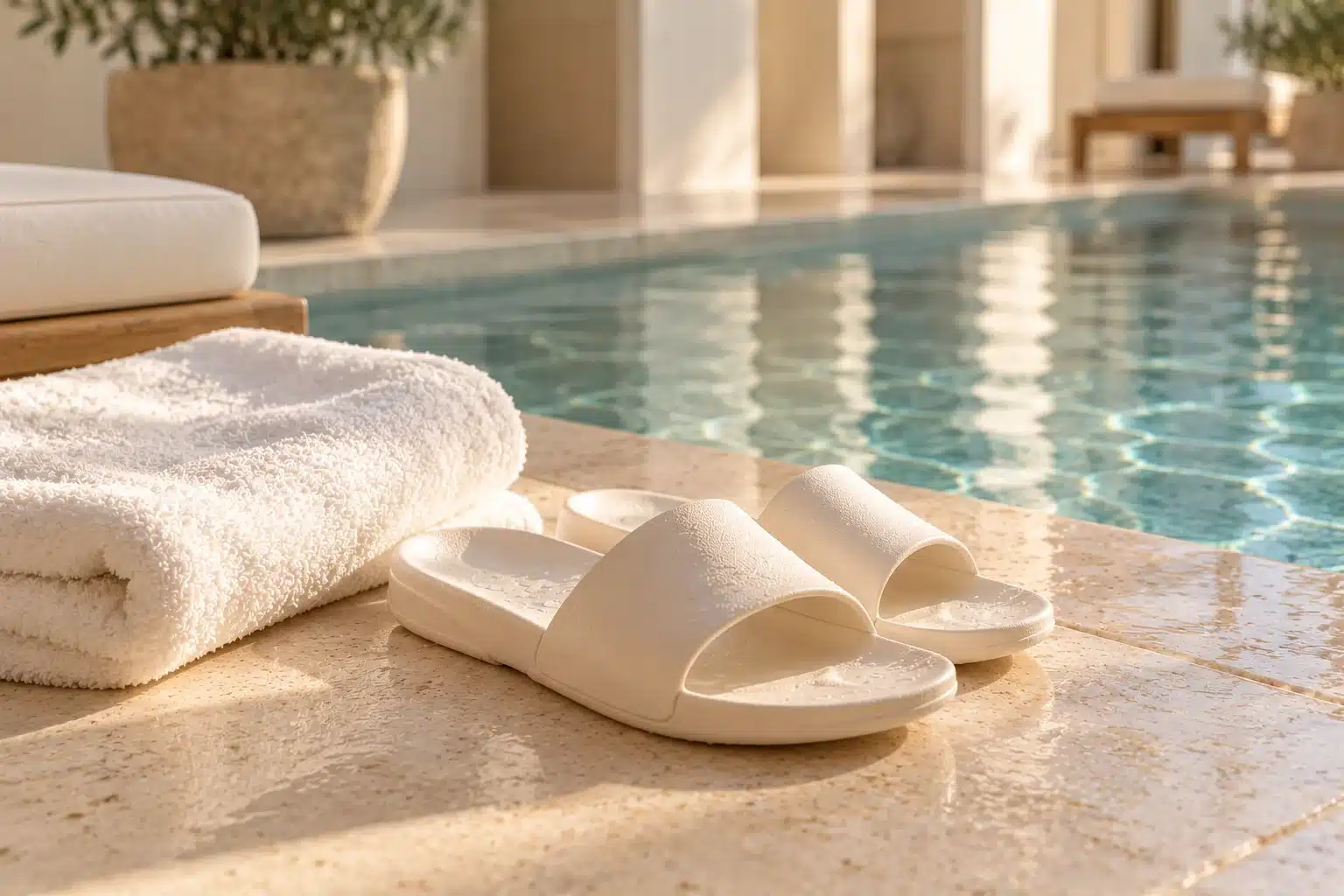 Sandales de piscine blanches et serviette pliée au bord d’un bassin