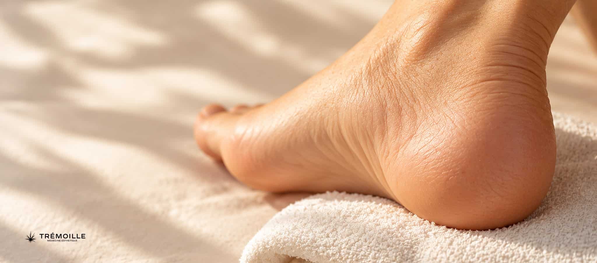 Plante de pied et talon posés sur un linge blanc, peau unie en lumière douce
